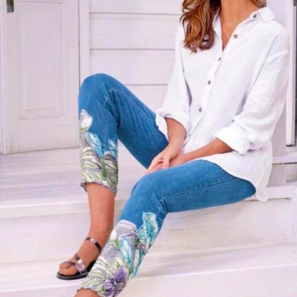 Soft Surroundings Nevaeh Crop Denim Floral Jeans EUC sz 10